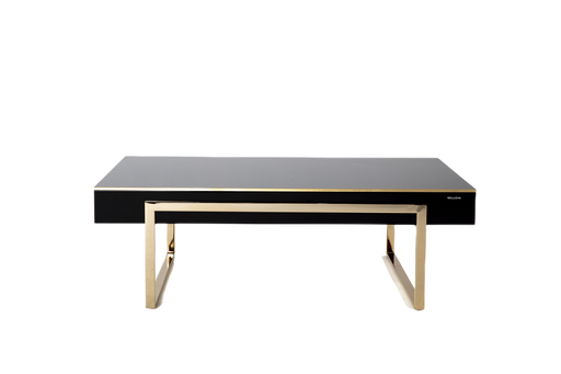 The Carlino Chrome Coffee Table featuring modern design aesthetics with golden metal legs.