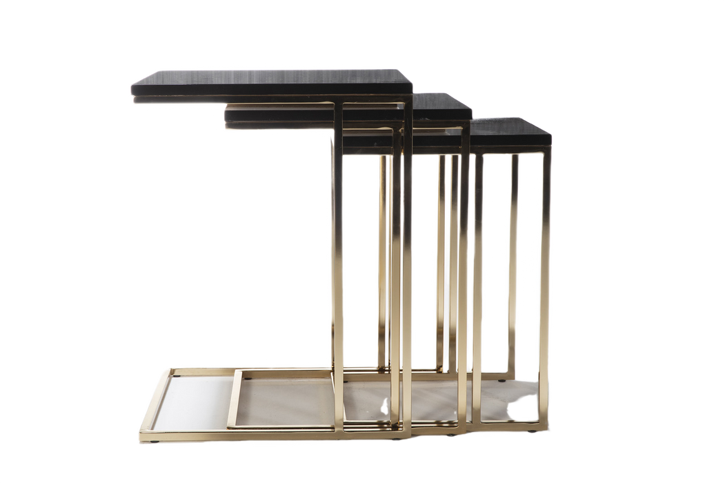 Contemporary nesting table with a high-gloss black top and gold metal legs for a sophisticated look.
