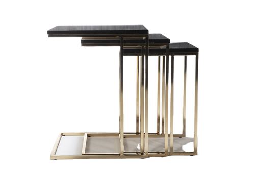 Contemporary nesting table with a high-gloss black top and gold metal legs for a sophisticated look.