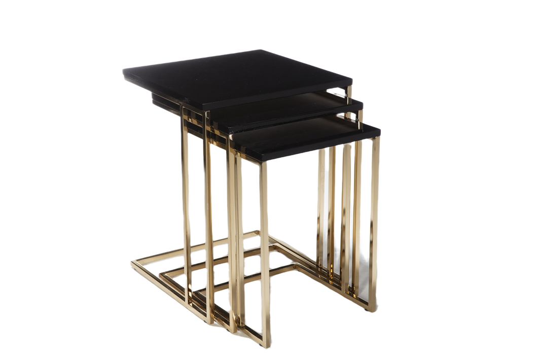 Luxurious nesting table with a black glossy top and elegant gold metal legs, enhancing your living space.