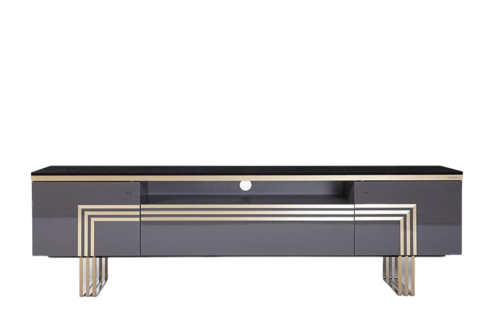 Elegant Carlino TV Stand with gold trim accents and ample storage, a stylish addition to your home.