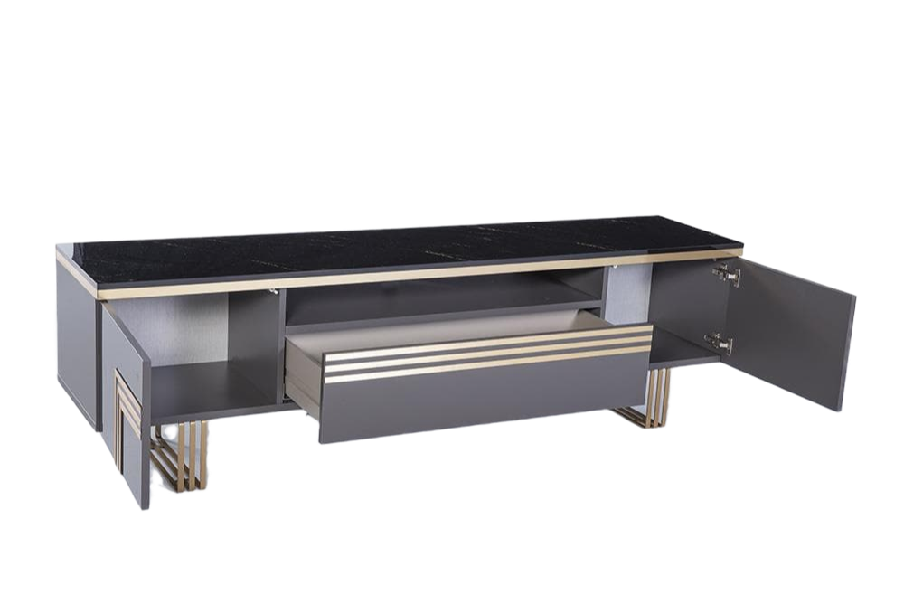 Two-tone Carlino TV Stand with a sleek design and solid wood frame, enhancing your entertainment area.