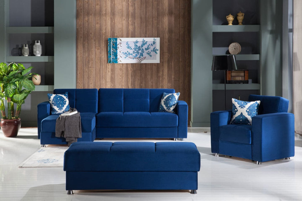 The Elegant Collectionâ€™s modular chaise lounge offers customizable seating and a stylish design with chrome detailing.