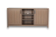 Emory Media Console showcasing sleek gunmetal hardware and a natural wood finish.