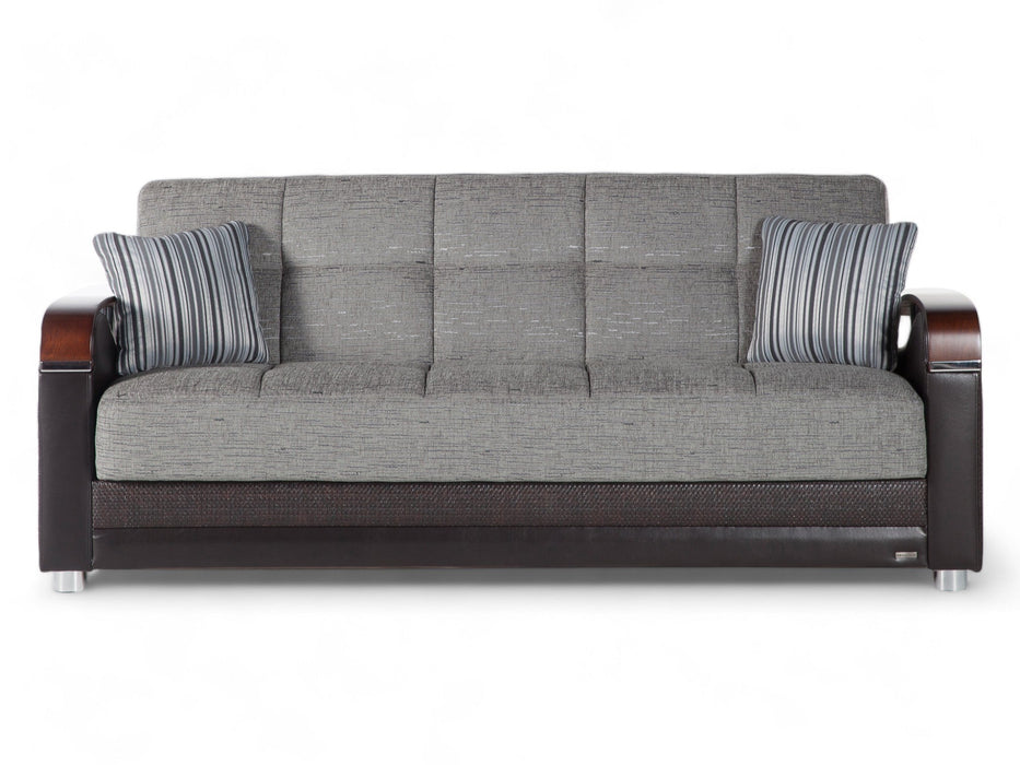 Luna Collection three-seat sofa in a modern design with luxurious leatherette and chenille fabric.