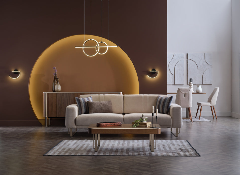 Modern Mirante Luxury Sofa with a convertible feature, rounded edges, and chrome legs for a sleek design.