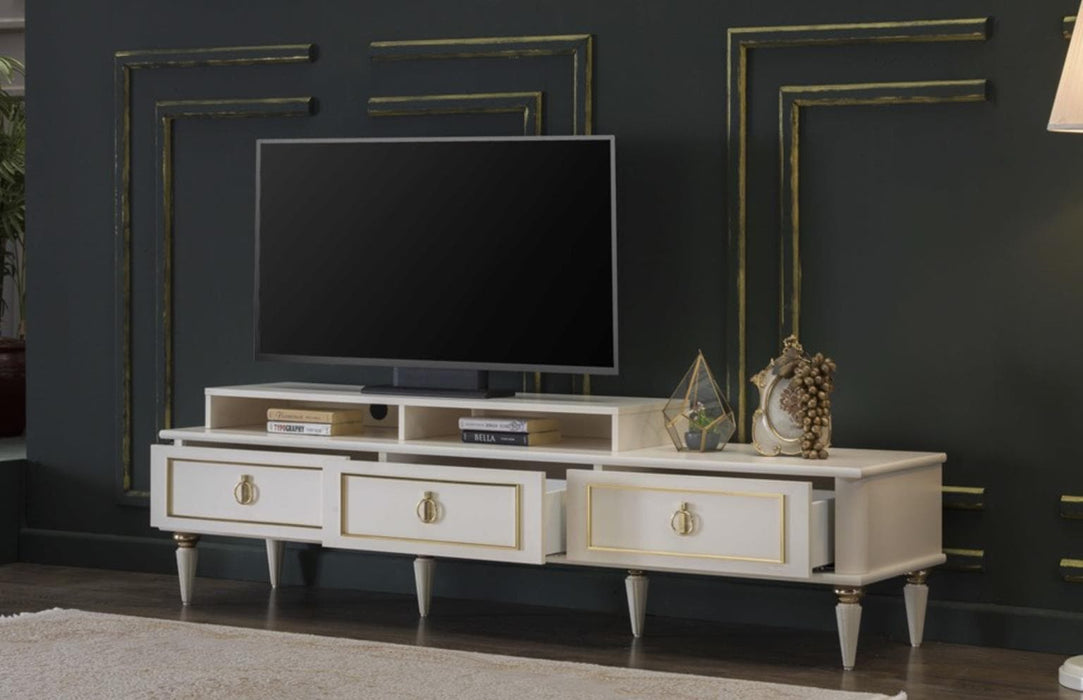 Mistral TV Stand with opulent design, featuring bold colors and chic gold accents, perfect for adding luxury to any living room.