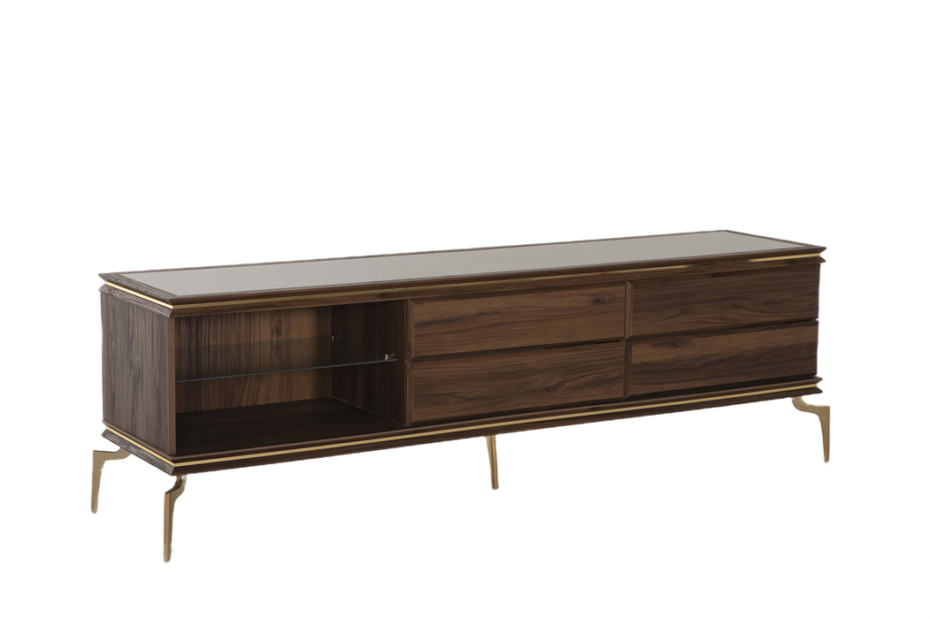Chic Montego TV Stand with retro silhouette and gold accents. Montego Walnut finish adds elegance and ample storage for your living room.
