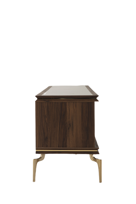 Functional Montego TV Stand with retro design, Montego Walnut finish, and gold accents. Combines luxury with practical storage.