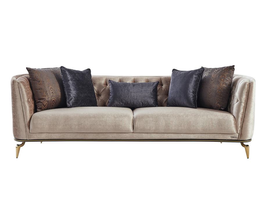 Advance your home dÃ©cor with the Plaza Living Room Set. With its traditional design, high-density foam cushions, and gold metal legs, this set provides lasting style and comfort.